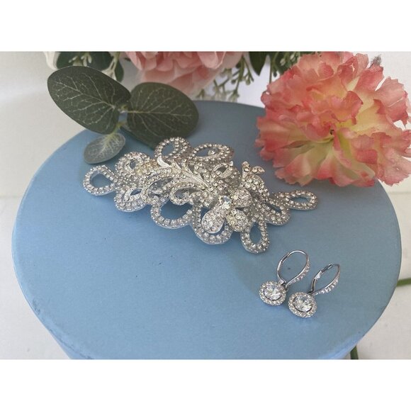 Vtg Bridal Hair Piece Brooch and Earring Set Silver Filigree Rhinestones‎ 4.5\